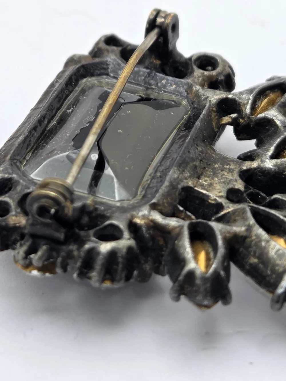 Vintage Black Glass Emerald Cut Rhinestone Brooch Pin Statement